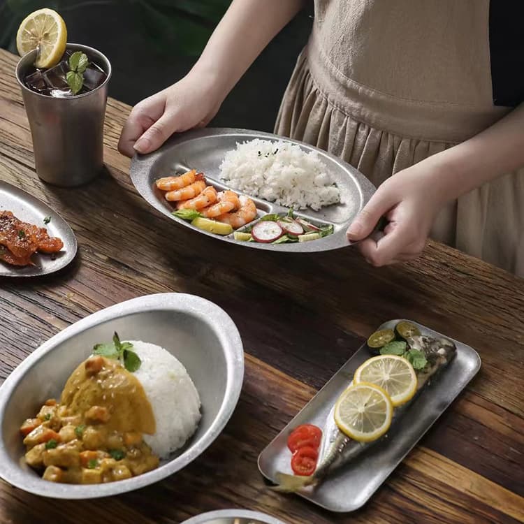 Cross-border Stainless Steel Dinnerware Set: Snowflake Gray Cup, Curry Plate, Western Food Tray, Steak Plate, Distressed Oval Plate