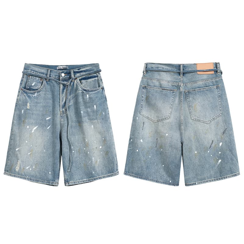 Trendy AC Washed Distressed Hand-Painted Splash Ink Denim Shorts, Vintage Loose Cross-Border Couple Wide-Leg Five-Point Pants