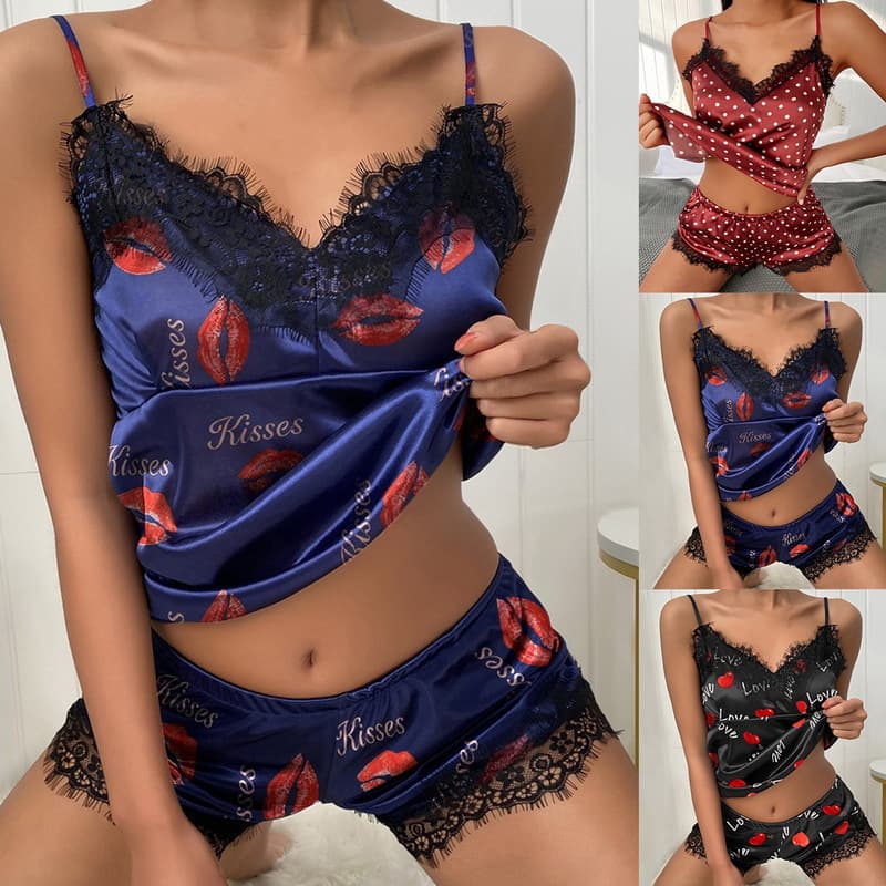 European and American style sexy pajamas, satin sexy lingerie, printed deep v lace suspender skirt, shorts, home wear set