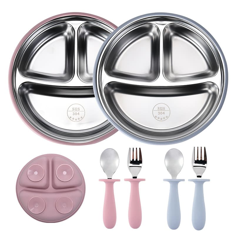 Food Grade Silicone Anti-Fall Suction Cup Style Stainless Steel Deepened Children's Dinnerware Set with Divided Plate