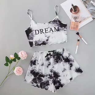 New Tie-Dye English DREAM Print Short Sleeve Top and Tie-Dye Shorts Loungewear Set