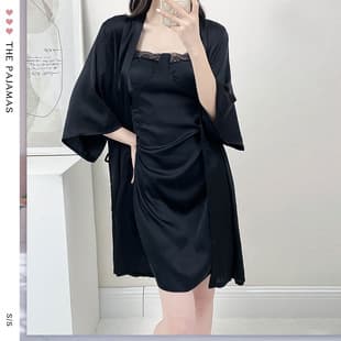 Black Sexy Pajama Camisole Dress Robe Two-Piece Set, Breathable Satin Chiffon Women's Homewear Pajama Set