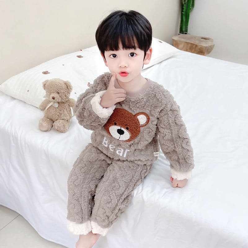 Boys Flannel Pajamas Autumn Winter Kids Baby Fleece-Lined Thick Coral Fleece Two-Piece Homewear Set