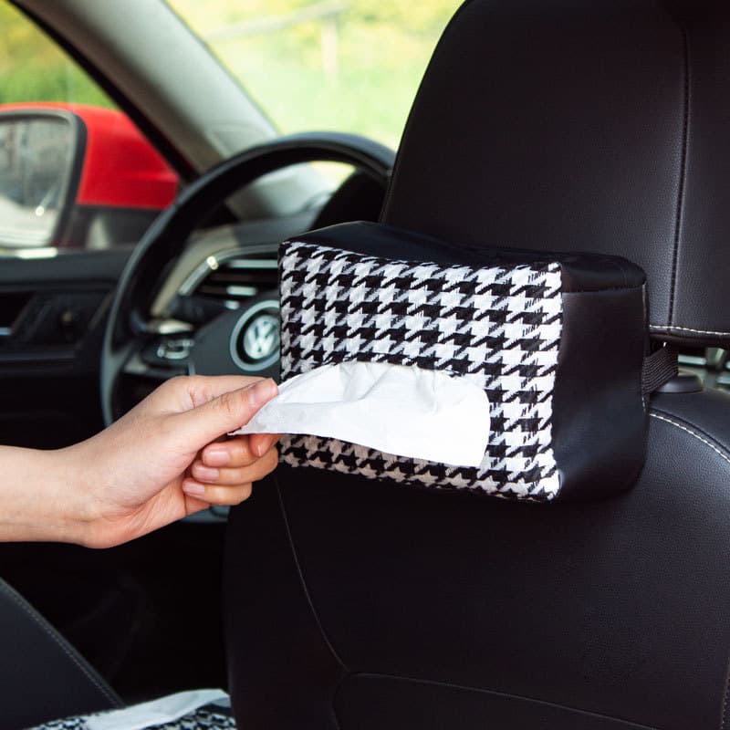 Car Tissue Box Knitted Leather Houndstooth Car Seat Back Hanging Multi-functional Vehicle Tissue Holder