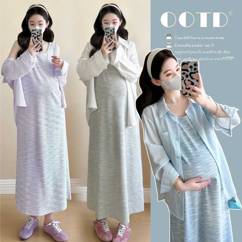 2026 Summer Tie-Dye Colorful Vest Dress + Shirt Set for Pregnant Women, Slimming, Loose-Fitting, and Cool