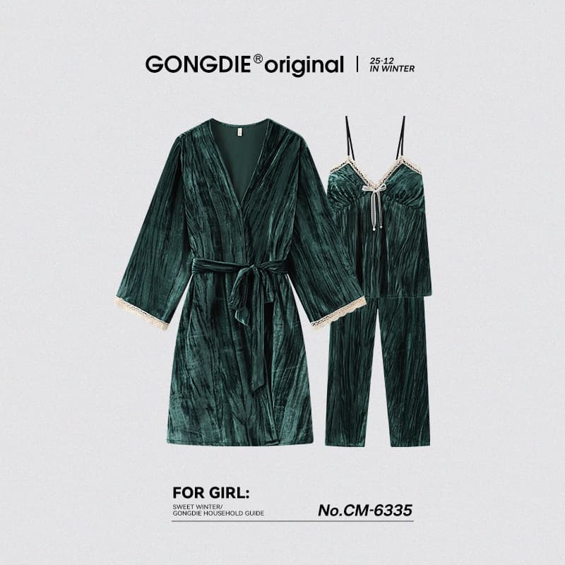 Runma [3-Piece Set] Winter Velvet Nightgown for Women with Built-in Bra, Solid Color Bathrobe, Camisole Long Sleeve Pajama Set