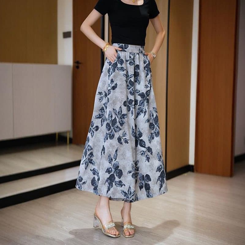 Vintage Printed Skirt Pants for Women, Wide-Leg Pants, 2025 Summer Casual Pants, High-Waisted Versatile Ink-Style Casual Pants for Women