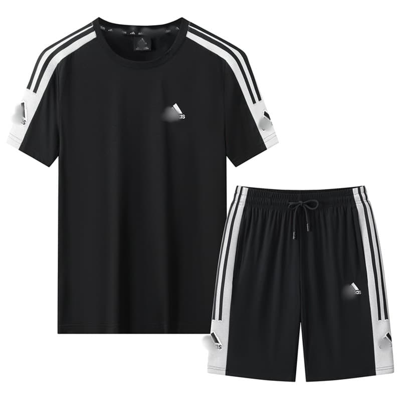 Cross-Border Summer Couple Loose Round Neck Three-Stripe Sportswear Set Quick-Dry Running Cotton Ice Silk Men's Top and Pants