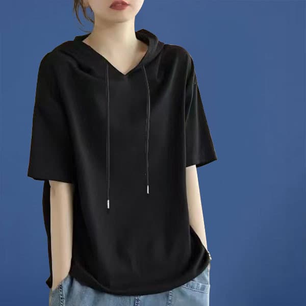 Loose Hooded Short-Sleeve Sweatshirt for Women, Summer Early Fall Three-Quarter Sleeve Sweatshirt, Solid Color Trendy Sports Hoodie Top