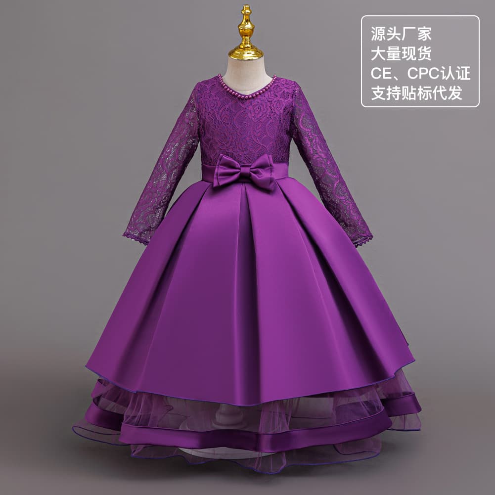 New Girls' Formal Dress Long Sleeve Lace Satin Spliced Children's Bow Tulle Princess Dress June 1st Runway Formal Dress