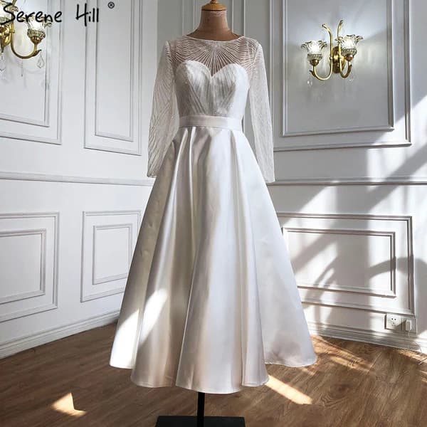 Serene Hill White A-Line Satin Long Sleeve Slim Fit Elegant Banquet Host Evening Gown LA70922