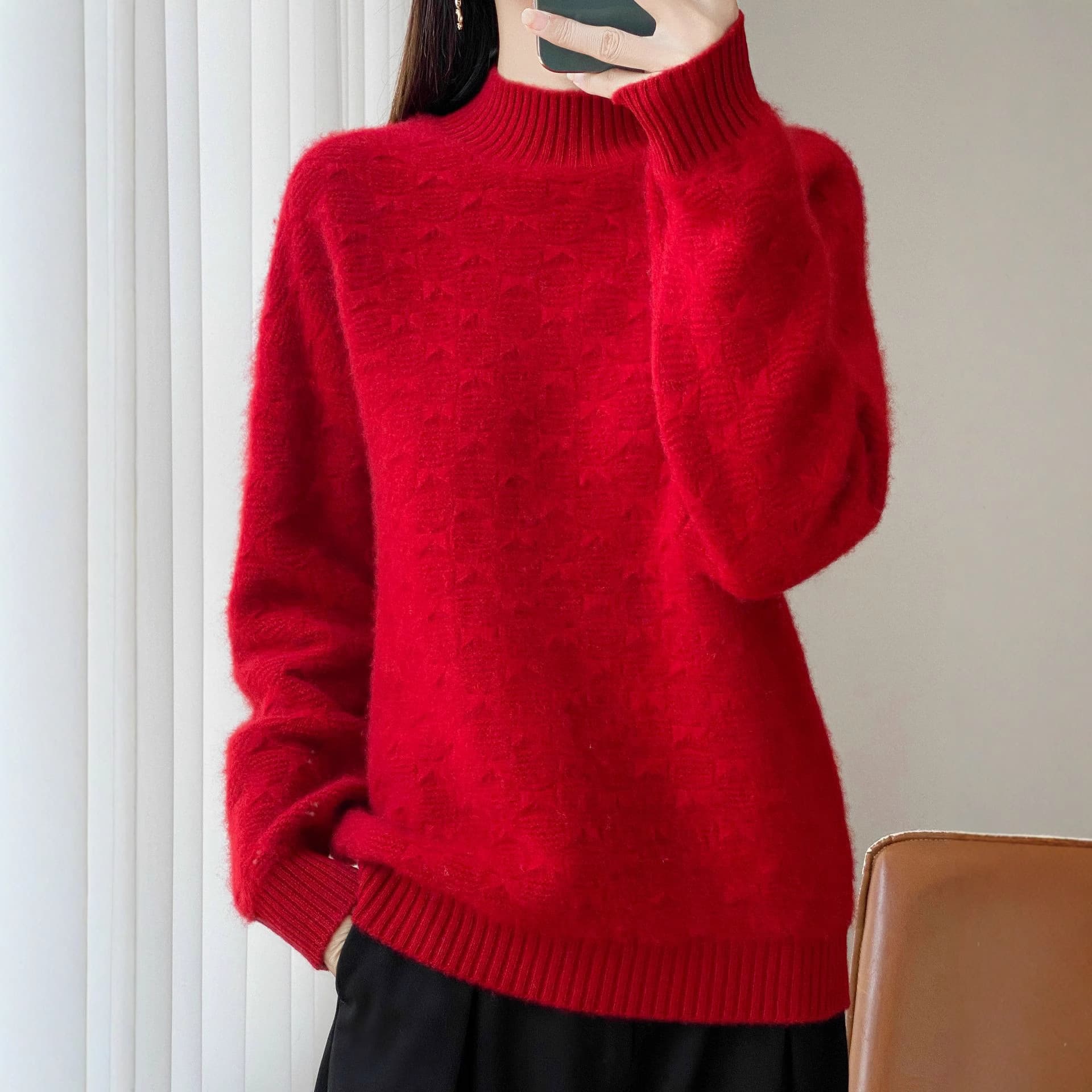 Autumn/Winter 100% Pure Wool Sweater for Women, Half High Collar Jacquard Thick Long-Sleeve Knit Top, Loose Fit