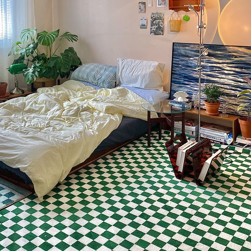 Checkerboard carpet living room bedroom bedside blanket home green and white plaid modern minimalist ins style Moroccan floor mat