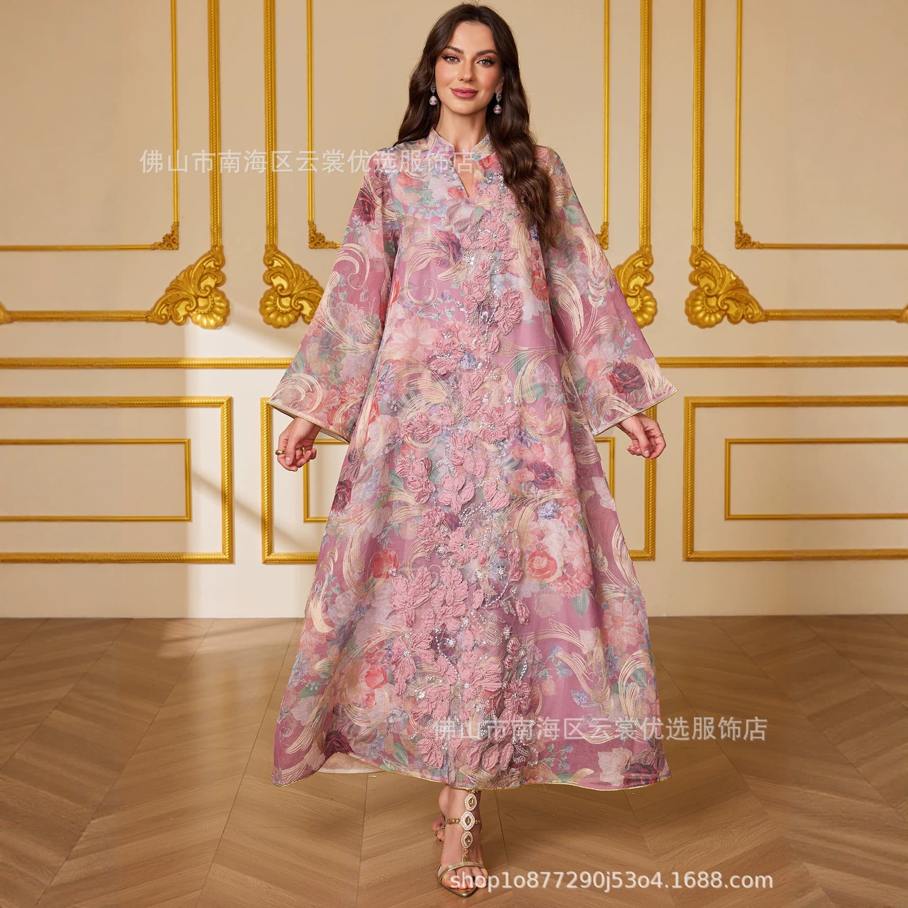 New Cross-Border Foreign Trade Style Mesh Three-Dimensional Floral Embroidery Dignified and Elegant Long Dress