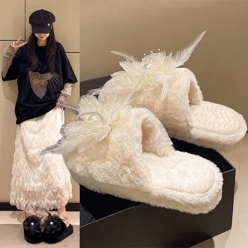 Pearl Feather Mesh Flower Plush Winter Home Fairy Style Slippers Sweet Fashion Non-Slip Fuzzy Shoes for Women