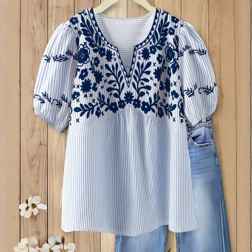 Summer new large size striped embroidered shirt women's loose puff sleeve V-neck top European and American style cross-border women's clothing
