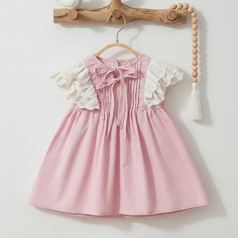 2026 Summer Girls Korean Style Sweet Pink Dress Baby Girls Flutter Sleeve Lace Princess Dress