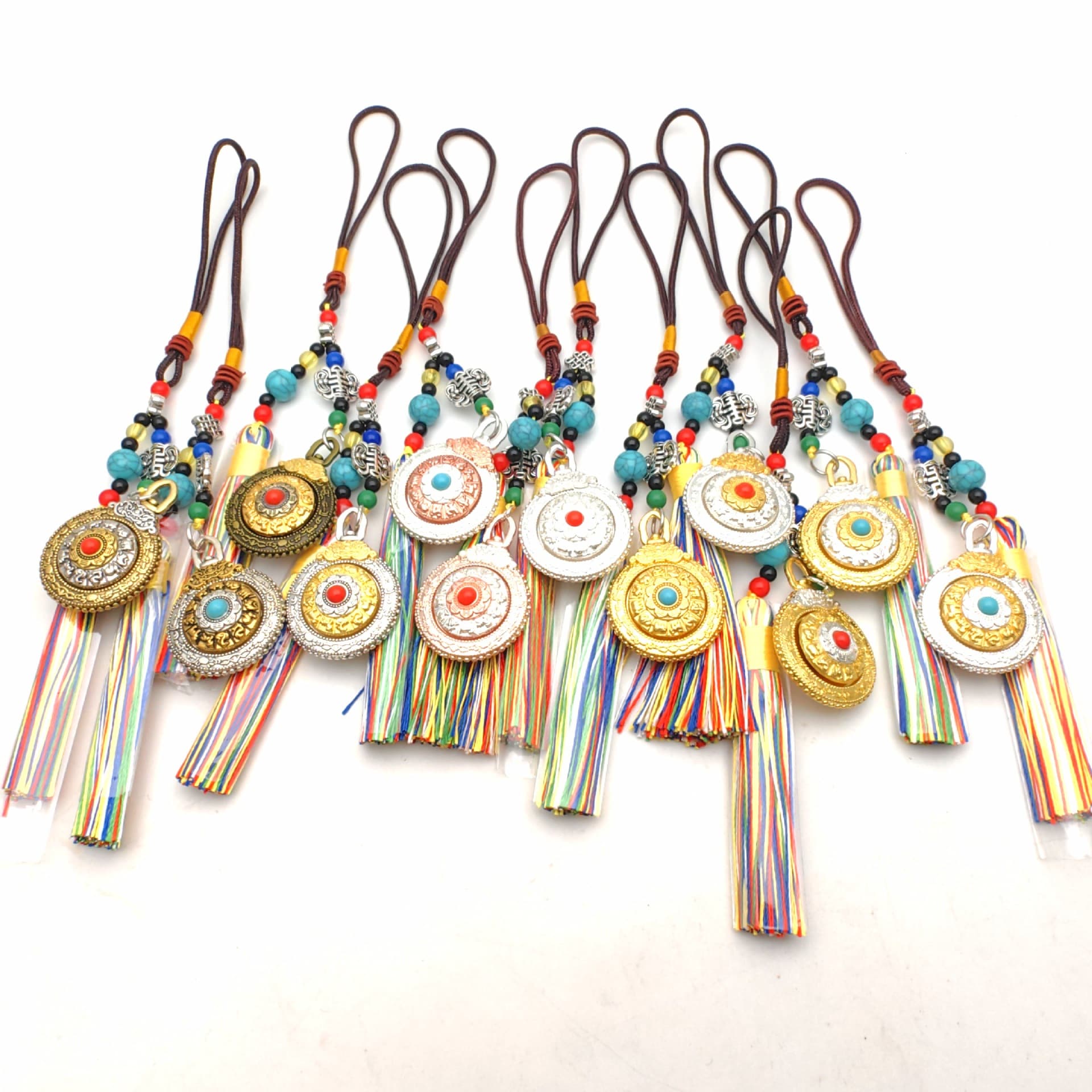 Jiugong Bagua Twelve Zodiac Double-sided Rotatable Ethnic Style Ancient Burnt Blue Tassel Pendant Bag Hanging Keychain