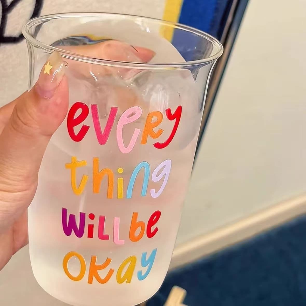 Xiaohongshu Style Transparent Glass Cup Ins Style Colorful Letters Healing Coffee Cup Juice Cup Summer Water Cup