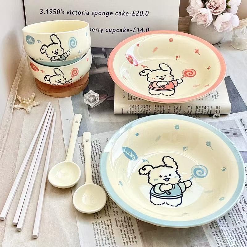 Soft Creamy Lollipop Dog Ceramic Tableware Set, Household High-End Underglaze Heat-Resistant Croissant Bowl and Plate