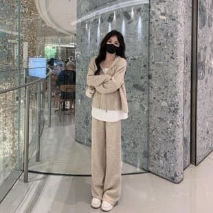 European and American Cross-Border New Casual Women's Autumn Winter Knit Zipper Sweater and Wide-Leg Pants Two-Piece Set