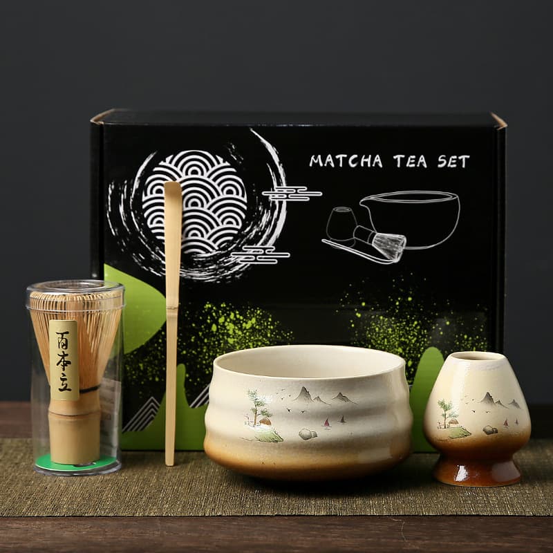 Japanese Matcha Bowl Ceramic Set for Whisking Matcha, Bamboo Chasen, Matcha Whisk Hyakuhon-ritsu, Song Dynasty Tea Ceremony Gift Box