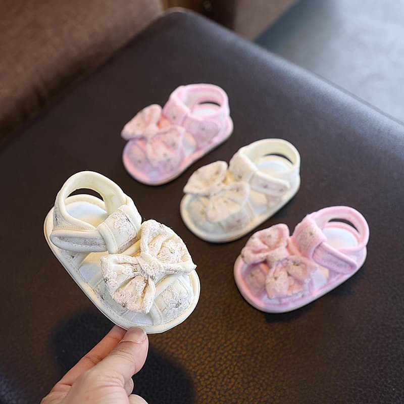 Cross-border baby girl sandals with bows for summer, non-slip and non-falling, 0-1 year old baby toddlers, breathable soft soles for walking
