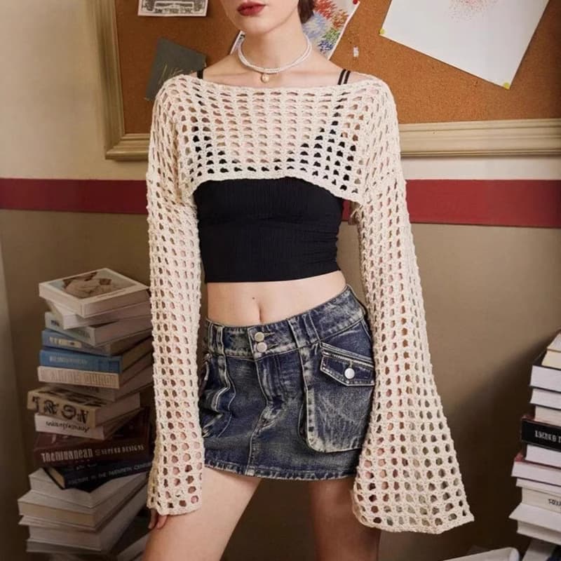 In Stock Custom Knitwear Cross-border Trade Europe and America Solid Color Y2K Style Sweater Amazon Spring Summer Hollow Knit Cardigan