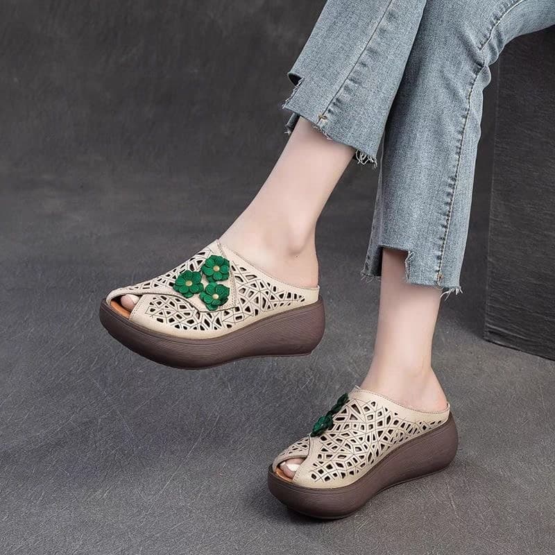 Sandals Women 2026 Summer New Style Fish Mouth Hollow Breathable Slippers Ethnic Style Flower Wedge Heel Women's Sandals