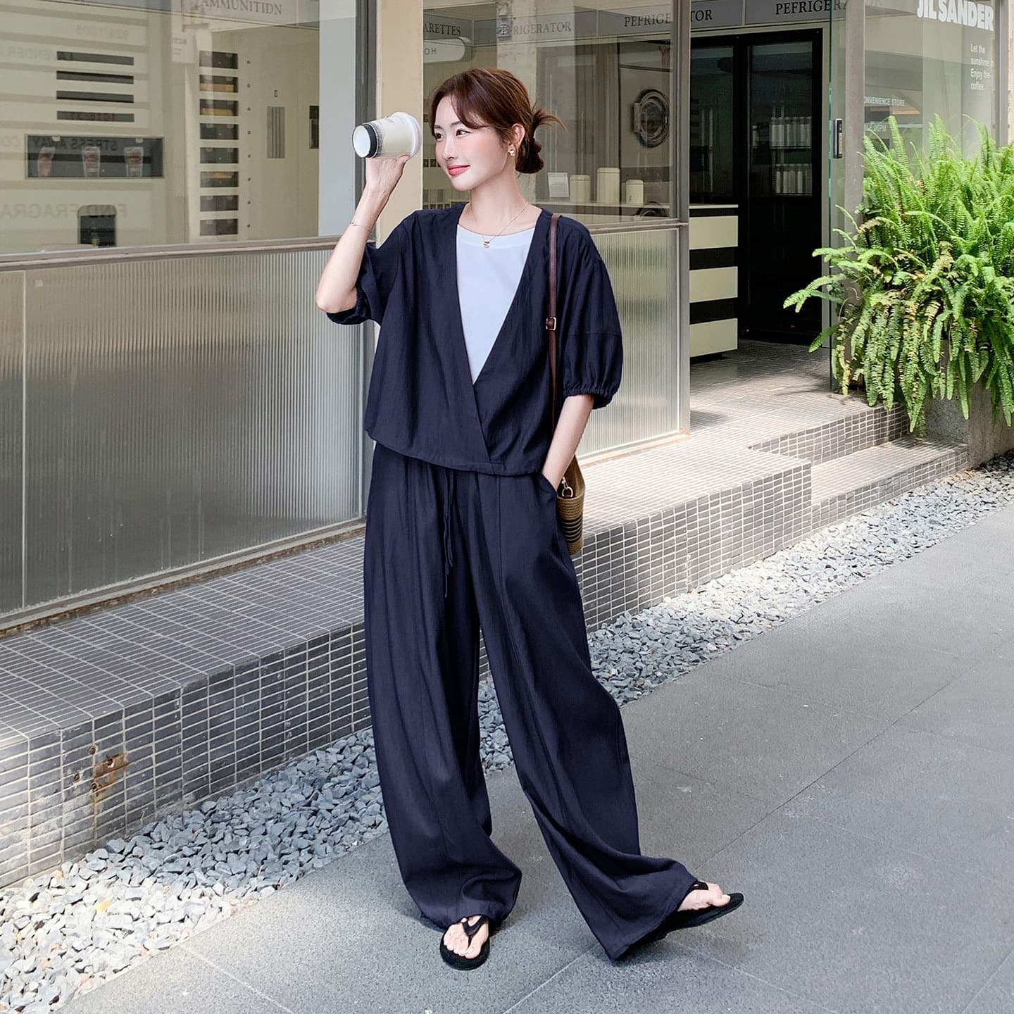Dark Blue Relaxed Premium Casual Set for Women Summer 2026 New Style Faux Two-Piece Top with Wide-Leg Pants Two-Piece Set