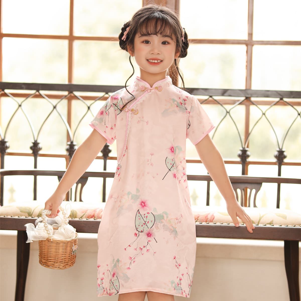 Summer Lace Chinese-style Fan Print Silk Cheongsam, Cute Baby Girl's Dress Cheongsam