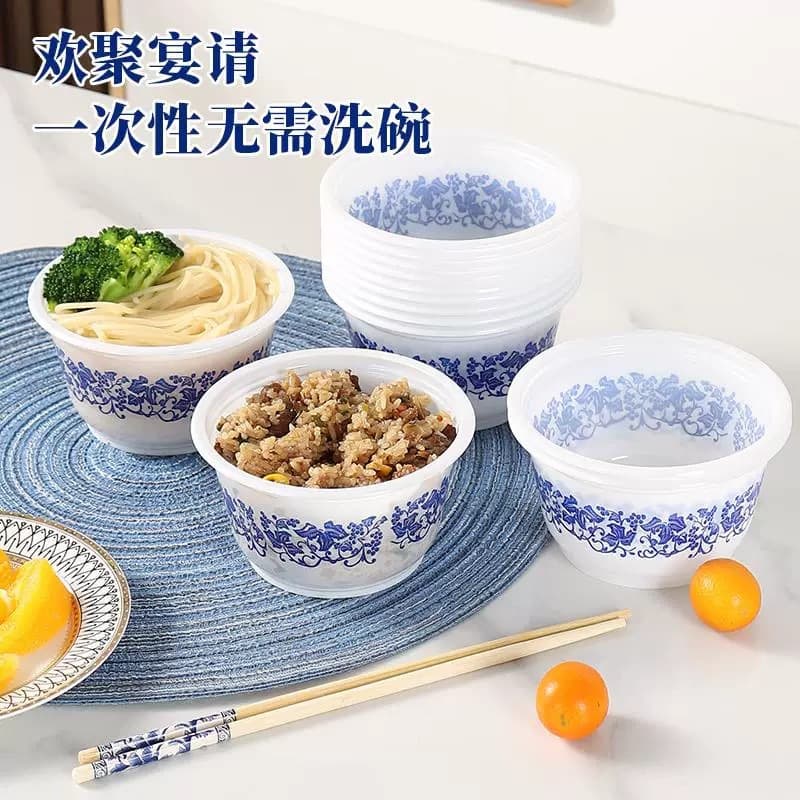 Blue and white porcelain bowl, disposable bowl, food-grade, thickened, anti-scalding, hot pot bowl, tableware, spoon, cup, camping outdoor