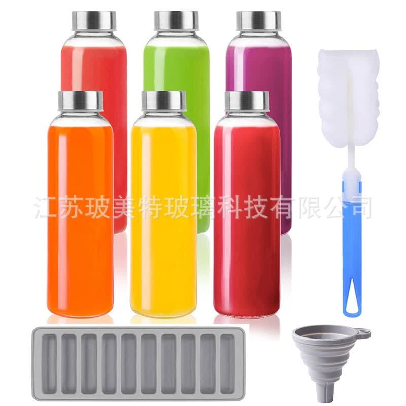 Cross-border 18oz Glass Bottle Mineral Water Bottle Juice Beverage Bottle Fresh Milk Cup Transparent Water Bottle Cup Brush Funnel Ice Cube Tray
