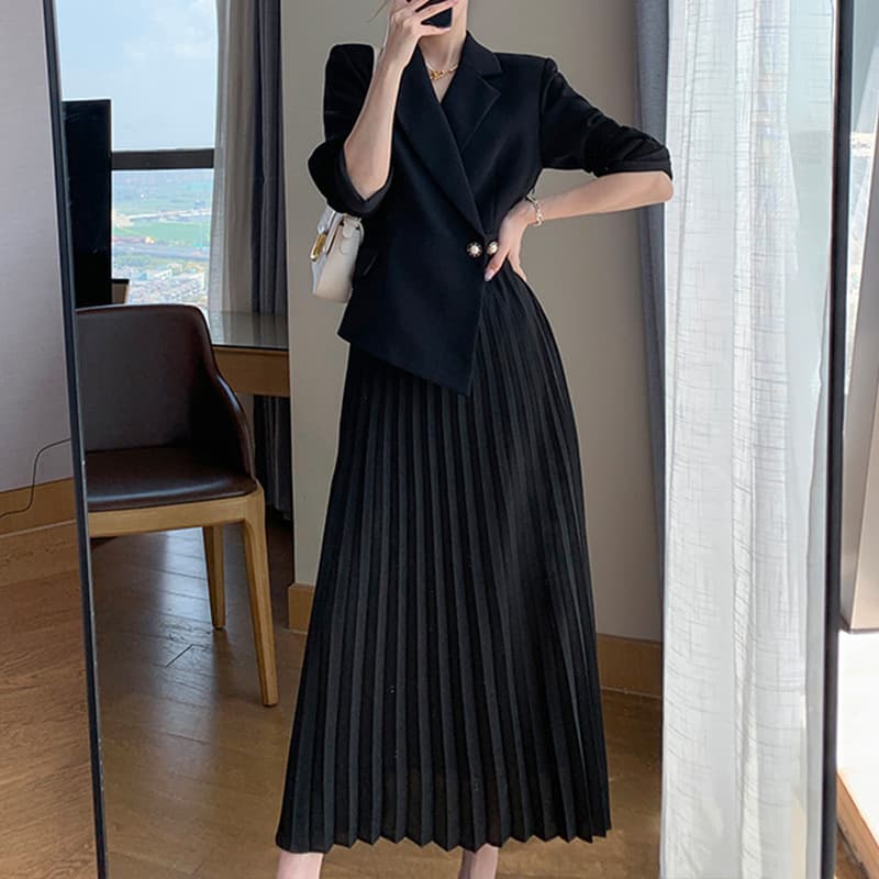 Spring and Autumn New Plus Size Women's Suit Dress, Korean Style Waist-Slimming Pleated Over-the-Knee Dress 2250