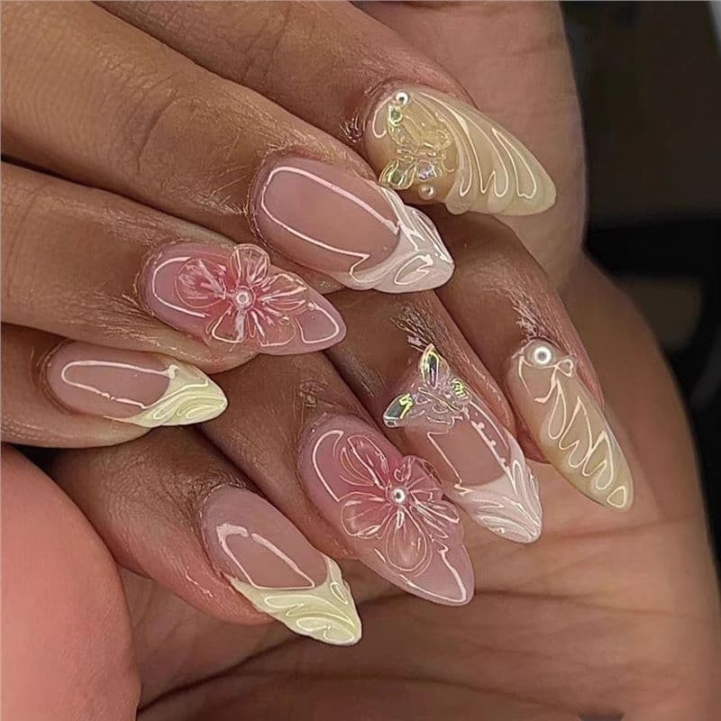 Cross-Border Hot Selling Almond-Shaped Wearable Nails 3D Stereoscopic Pure Desire Flowers Butterflies Removable Fake Nails Finished Product