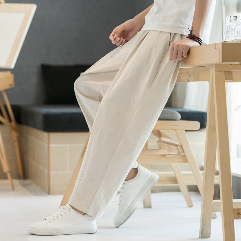 Summer casual pants for men, versatile cotton and linen loose linen pants, Korean style trendy nine-point pants, straight pants