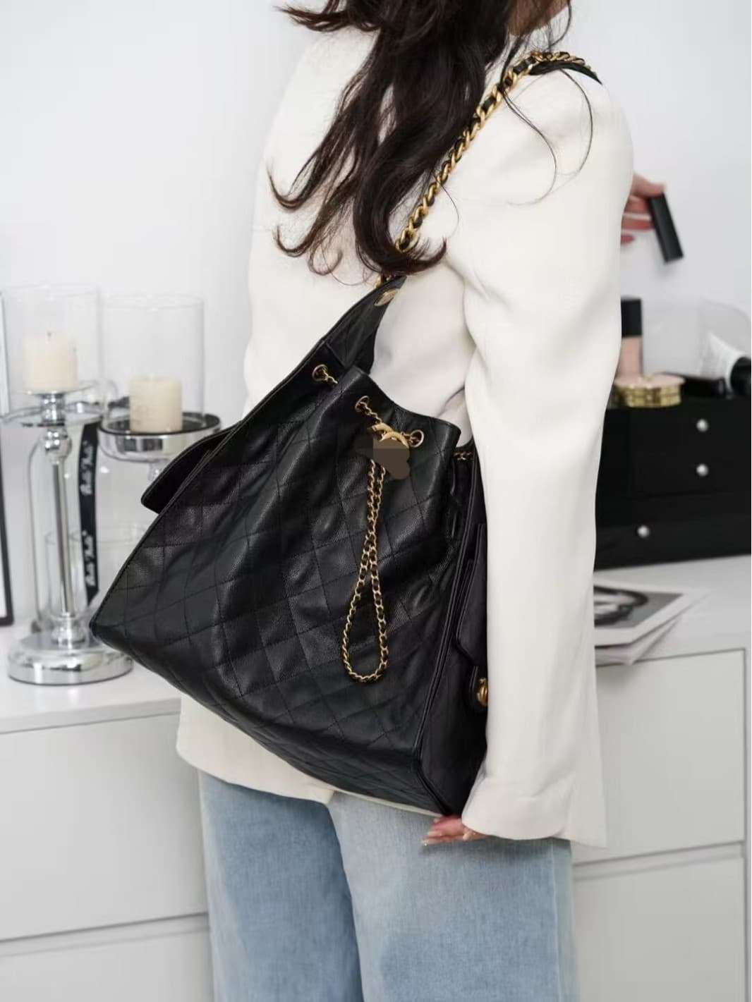 Cross-border wholesale 25C Hippie HOBO genuine leather diamond quilted chain bag drawstring bucket bag underarm 25bag shoulder bag for women