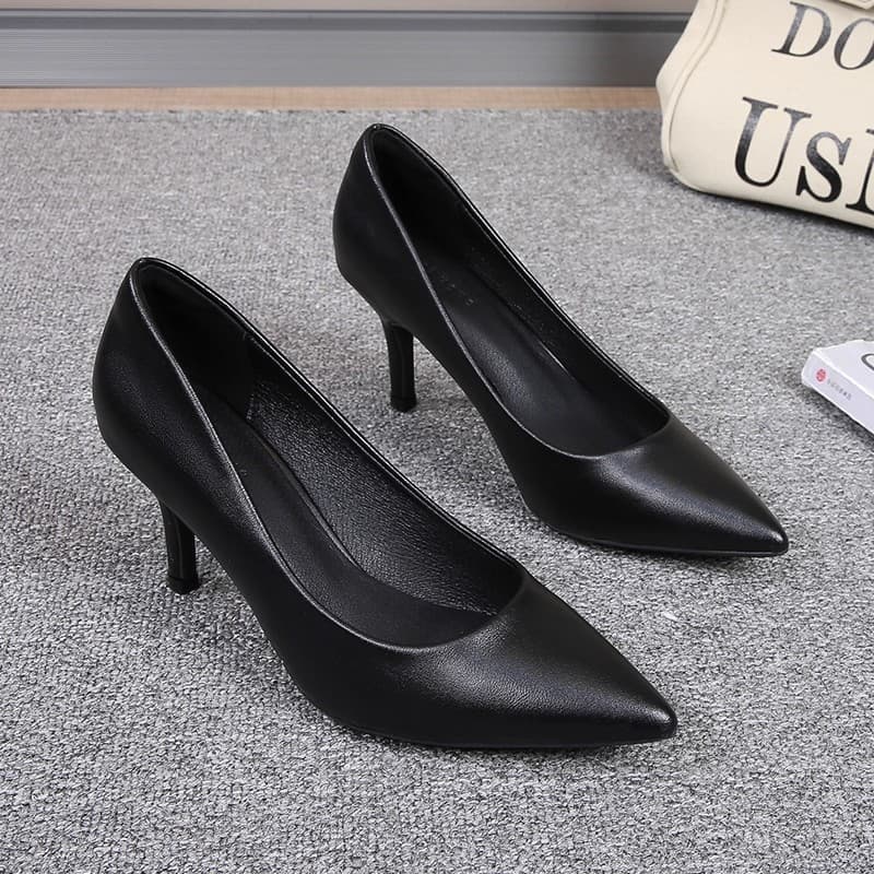 Soft Leather Shoes Thin Heel Pointed Toe Low Heel Mid Heel 2025 Black Formal High Heels Professional Work Shoes for Women