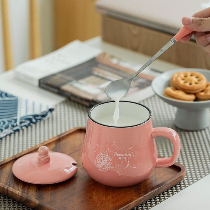 Cartoon Cup Simple Office Water Cup Ceramic Mug with Custom Logo Couple Coffee Cup with Lid and Spoon