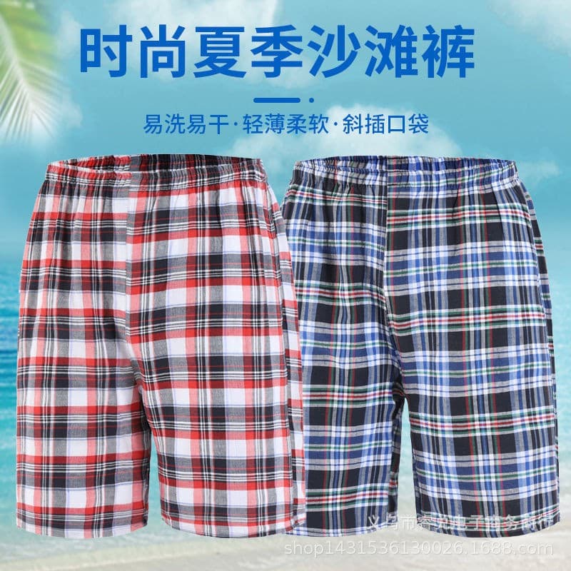 Men's Casual Cotton Plaid Beach Shorts, Loose Fit, Mid-Length, for Middle-Aged and Elderly, Sports and Home Summer Shorts, Wholesale