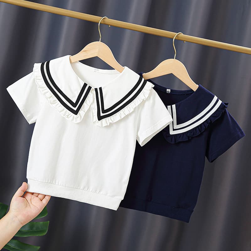 Girls Short Sleeve T-Shirt Summer Clothing for Middle and Older Children, Pure Cotton Baby Summer Doll Collar Princess Top Undershirt Thin 6