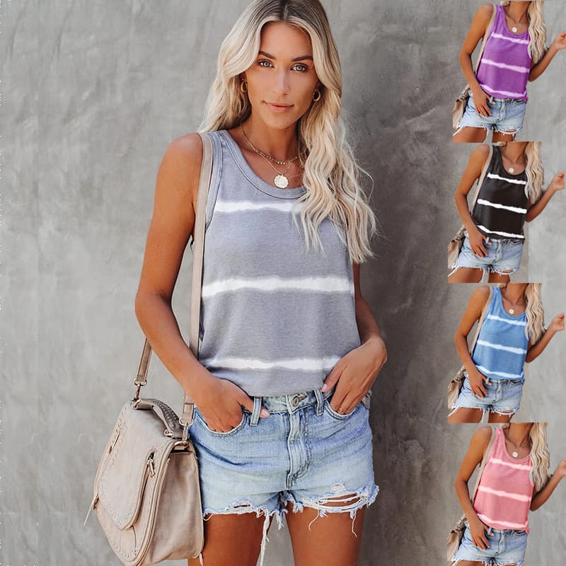 2026 Cross-Border Supply Summer Women's T-Shirt Casual Comfortable Round Neck Loose Sleeveless Striped Vest