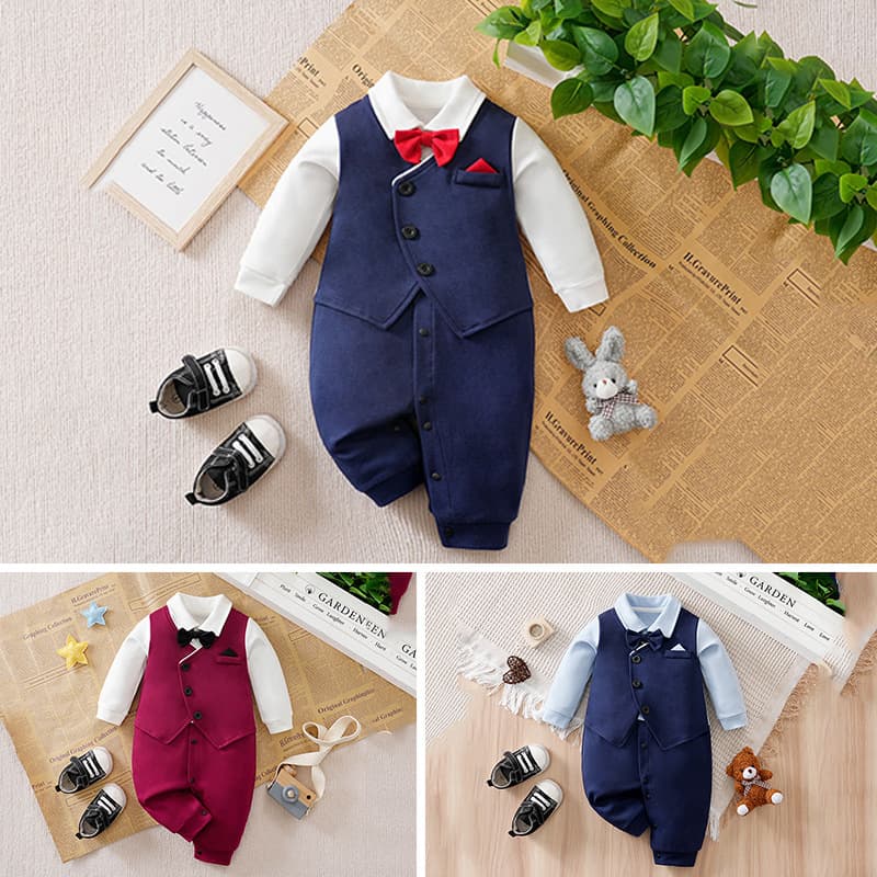 2026 spring new baby boy jumpsuit, handsome gentleman style baby romper, fake two-piece baby crawling suit