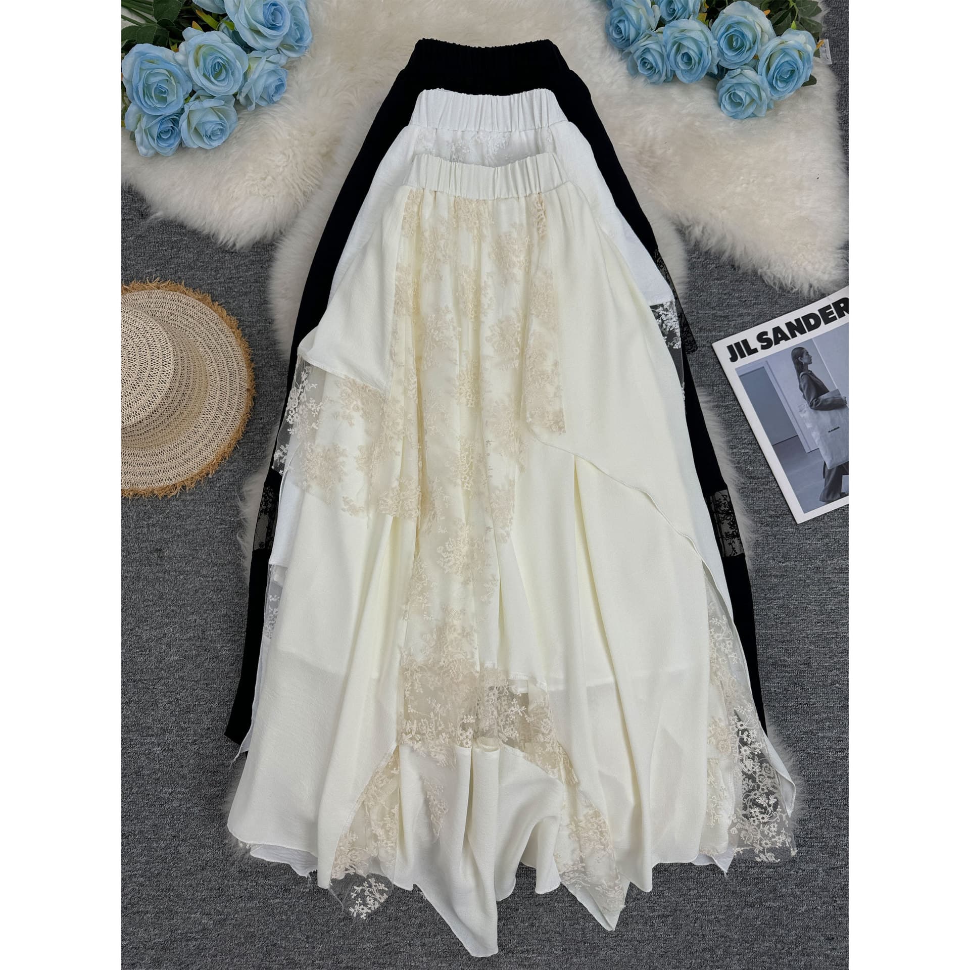 Cross-border heavy industry spliced lace elegant wide skirt resort style lazy versatile A-line mid-length skirt for women