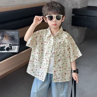 Boys Floral Short Sleeve Shirt Summer 2026 New Children's Summer Clothes Cool Trendy Little Boy Hong Kong Style Top