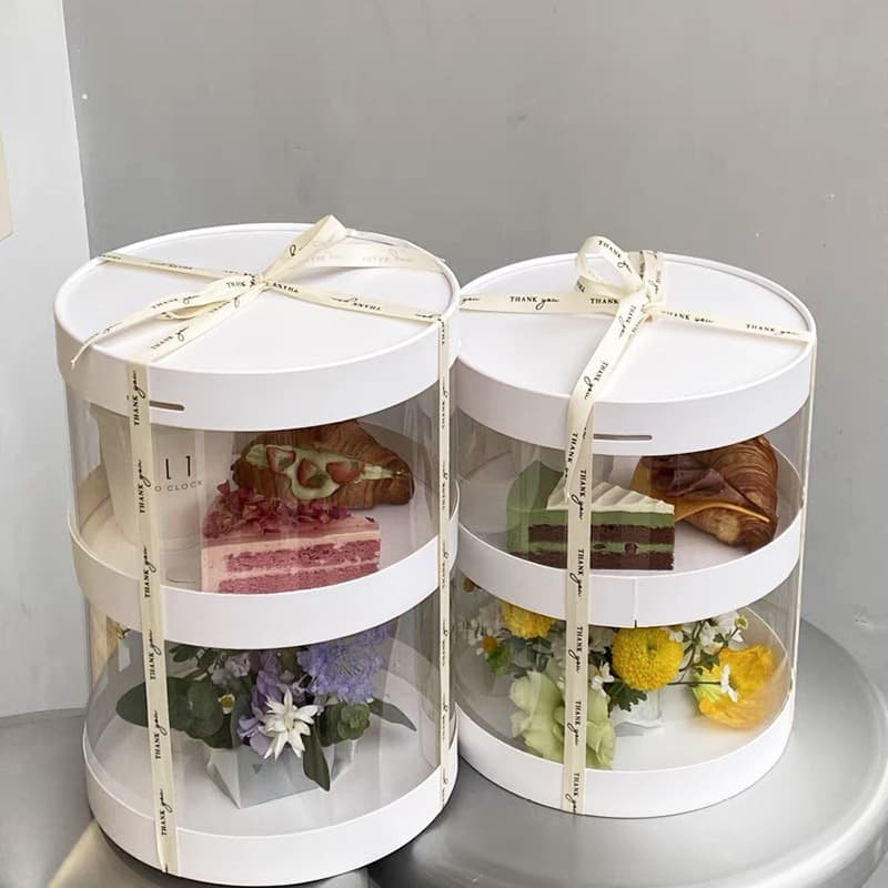 Round birthday cup cake box, double layer transparent cupcake packaging box, flower pastry dessert packaging box