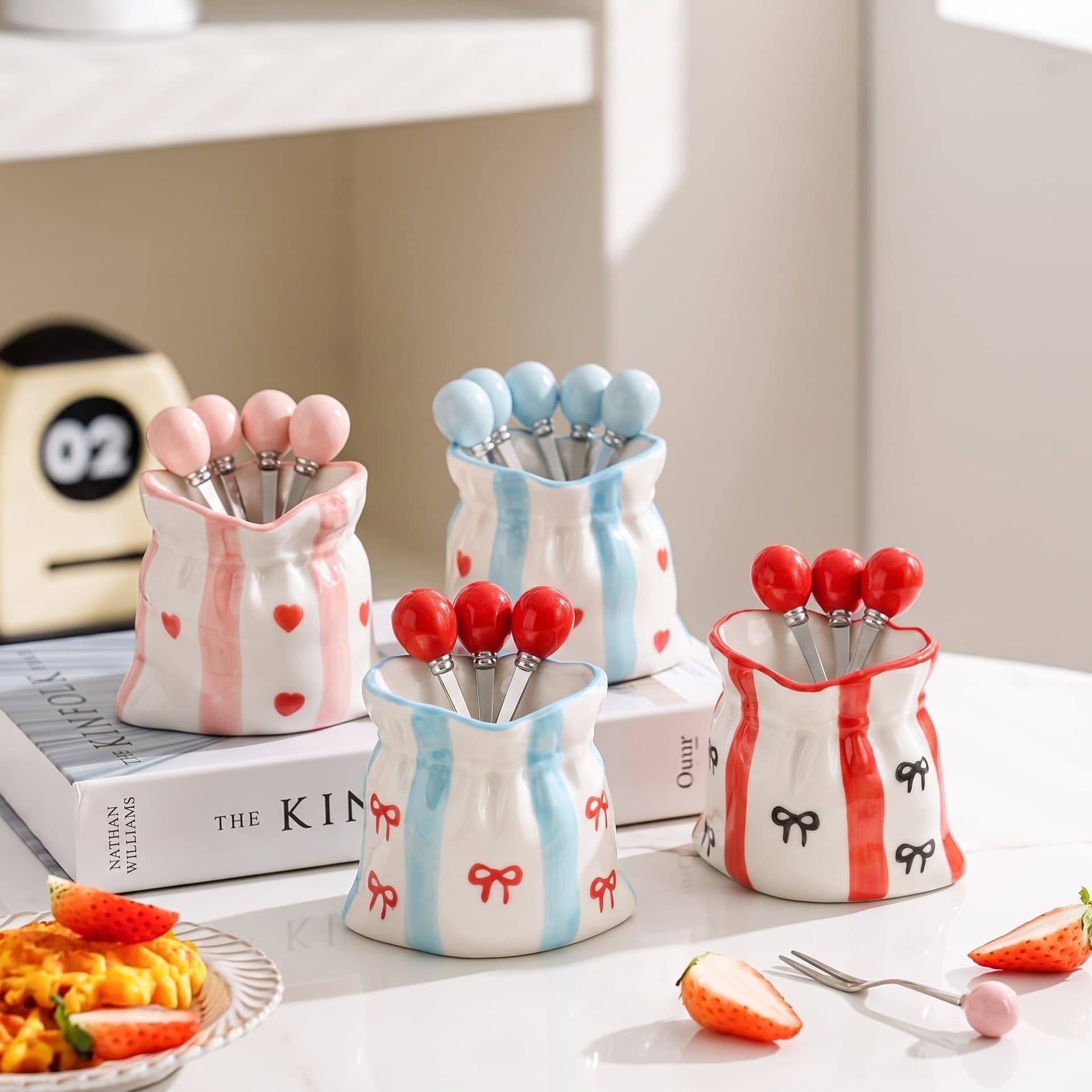 Ceramic Fruit Fork Set with Stainless Steel, Luxury Ceramic Storage Jar, Living Room Decorative Piece