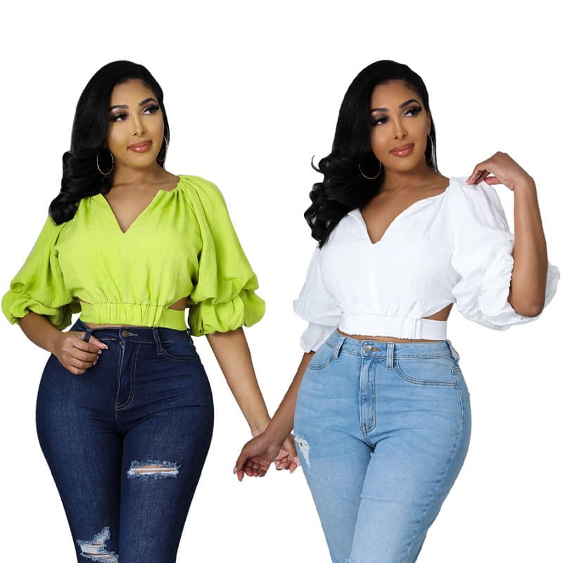 929 Foreign Trade Women's Clothing European and American White Blouse Women's Design High-End Short Sleeve Loose Short Shirt Women's New