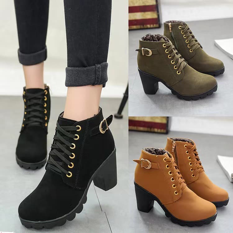 Autumn High Heel Ankle Boots Women's Shoes Chunky Heel Short Boots Round Toe Martin Lace-up Bare Knight