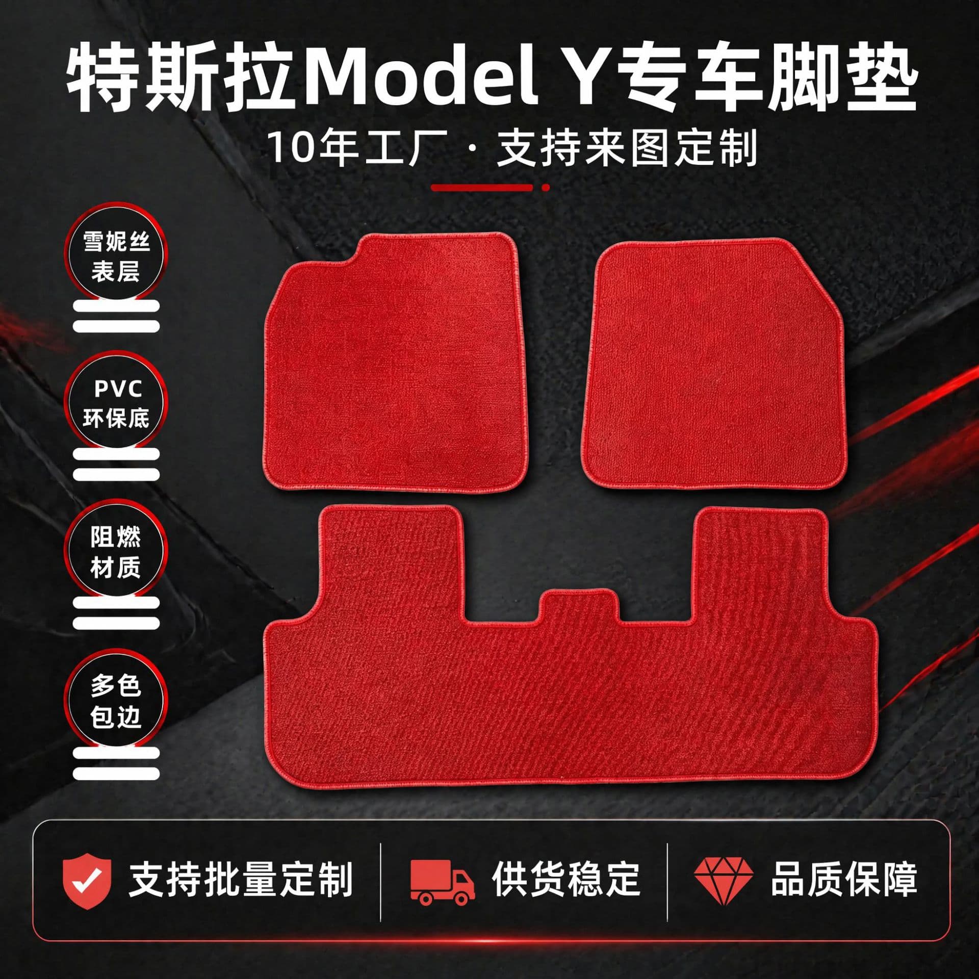 Custom-fit Tesla Model Y floor mats, Snowy Silk material, eco-friendly and odorless, with customizable pattern and logo printing.